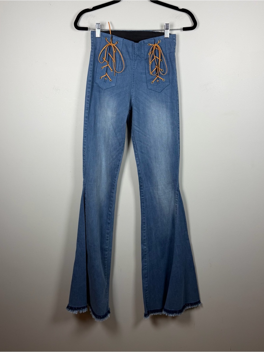 Judith March Denim Blue Jeans Flare Hippie Bell Bottom Festival Lace Up Small